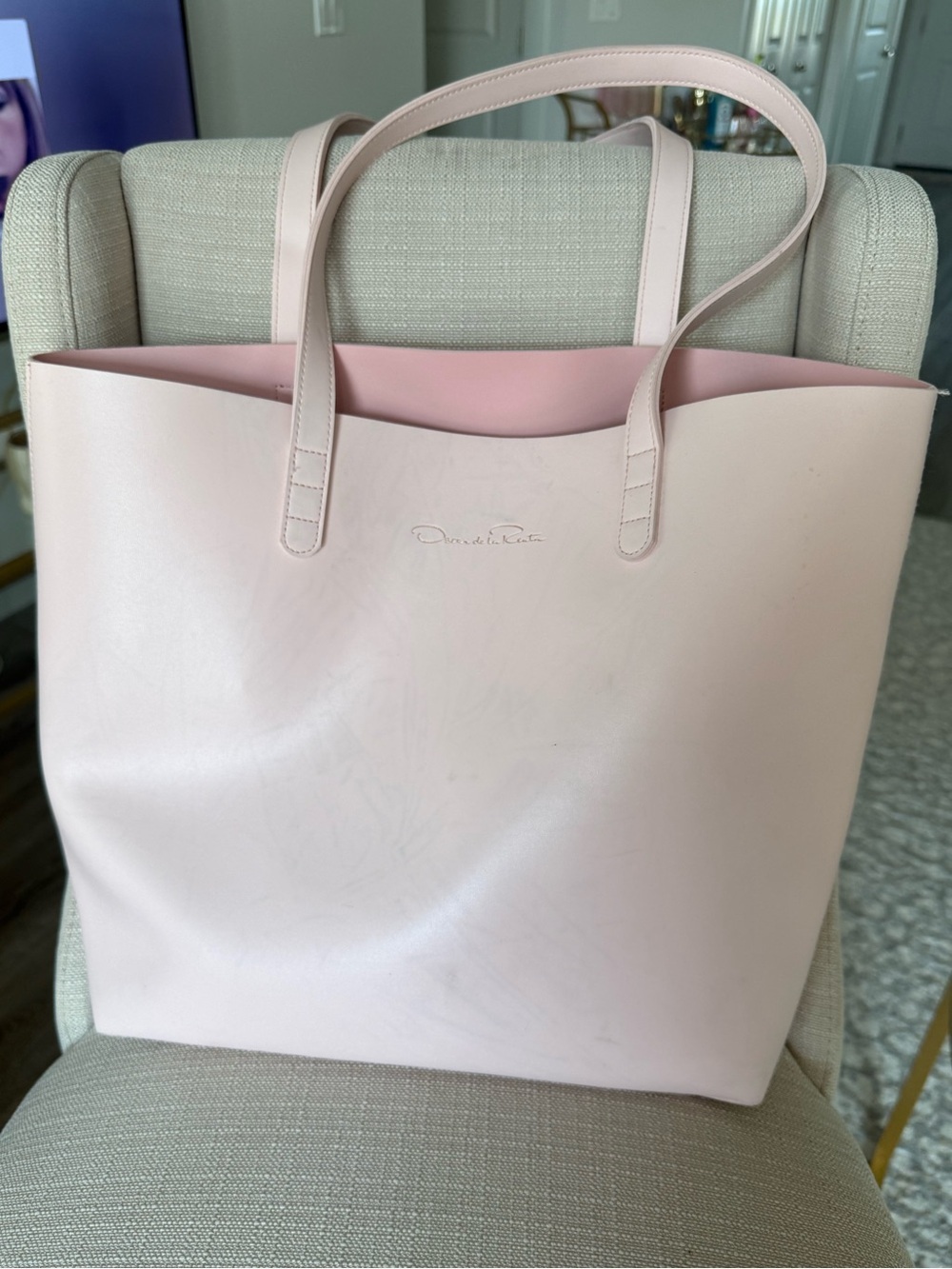 Oscar de la Renta Pink Faux Leather Open Tote Shoulder Bag Large Shopper Bag - Picture 2 of 15